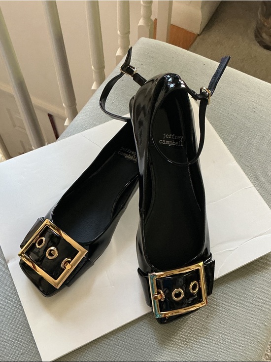 Jeffrey Campbell Shoes - Jeffrey Campbell Black Patent Flats with Gold Buckle Toe